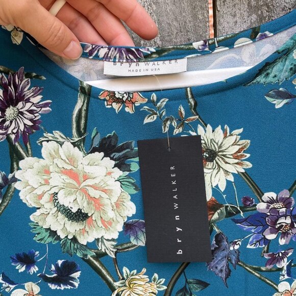 Bryn Walker Diego Tunic Size Medium Floral Print Bell Sleeve Teal Blue Sz M New - Picture 7 of 11